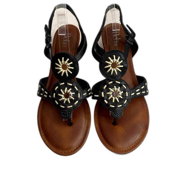 Reba Concho Black Leather Sandals Coastal Bohemian Circle Short Wedge Size 9.5 - Picture 1 of 7